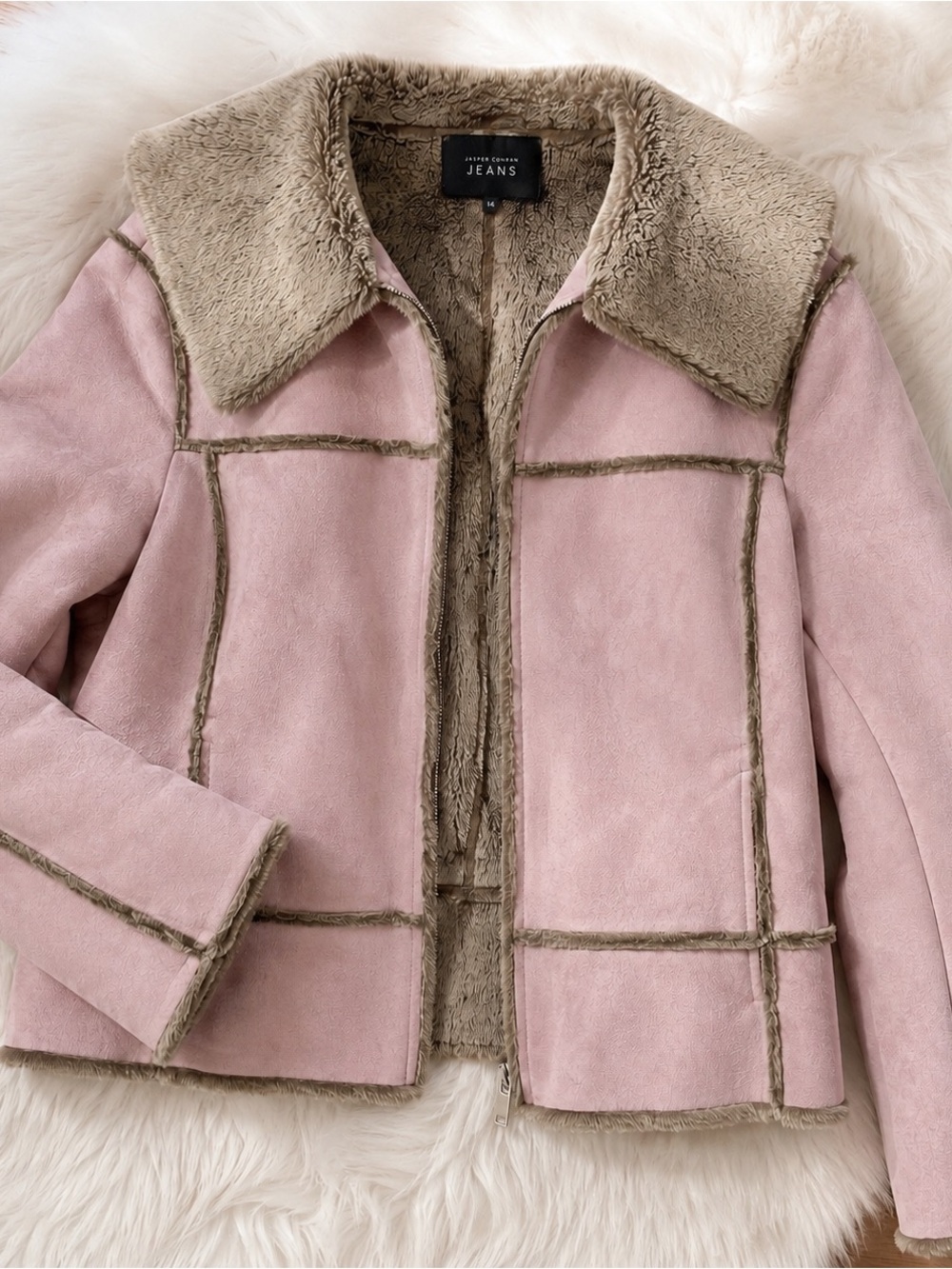 Jasper Conran Jeans Dusty Pink Faux Shearling Jacket Oversized Collar Size 14